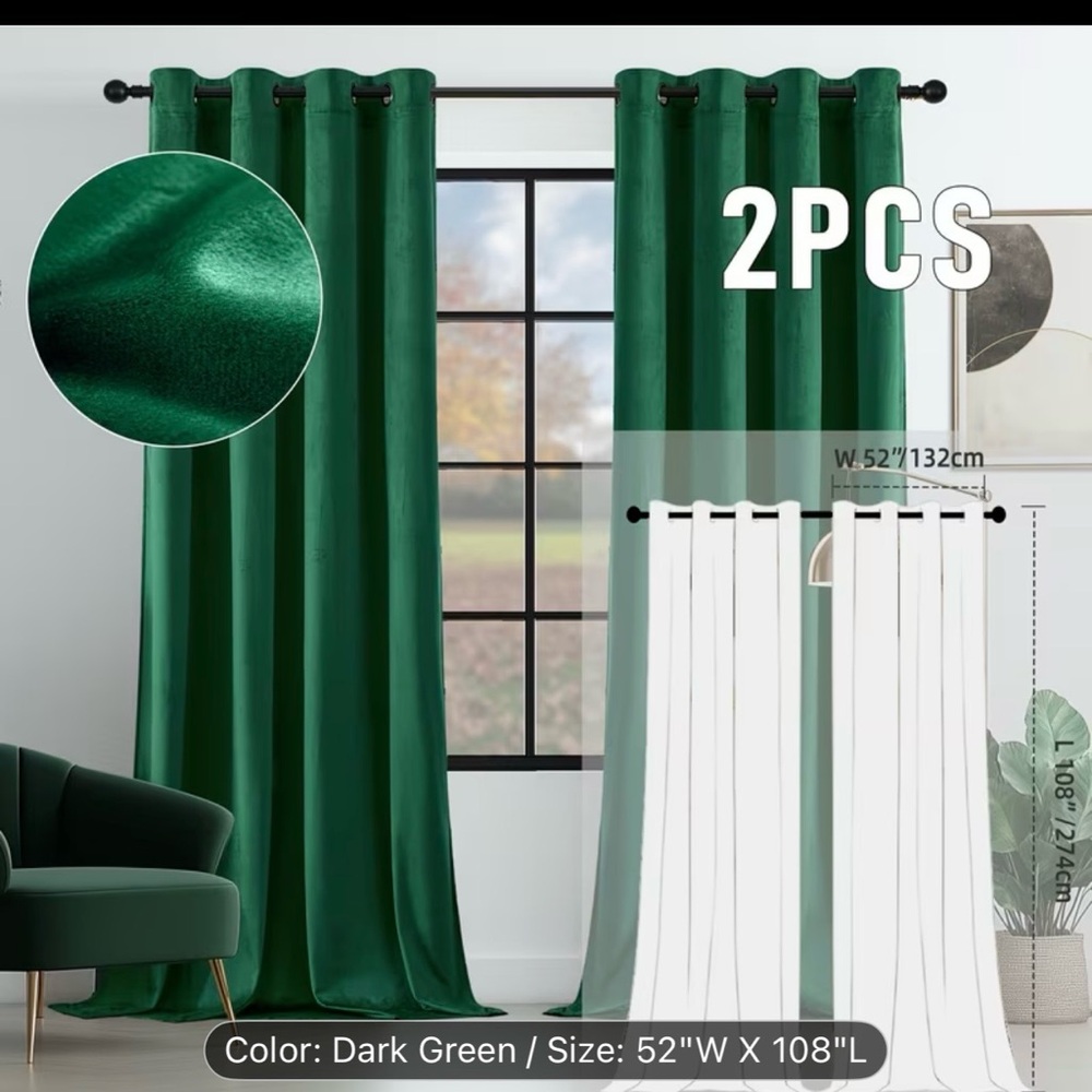Elegant Dark Green Curtains - 2PCS